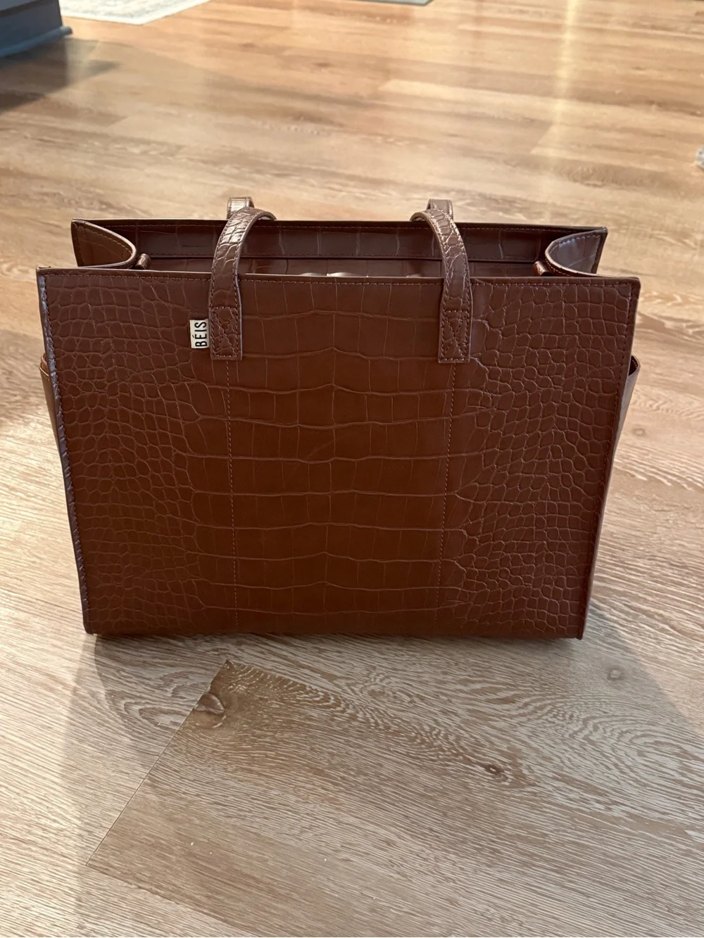 BÉIS Work Tote in Maple Croc | Gently Used | Strap and Removable Zipper Pouch